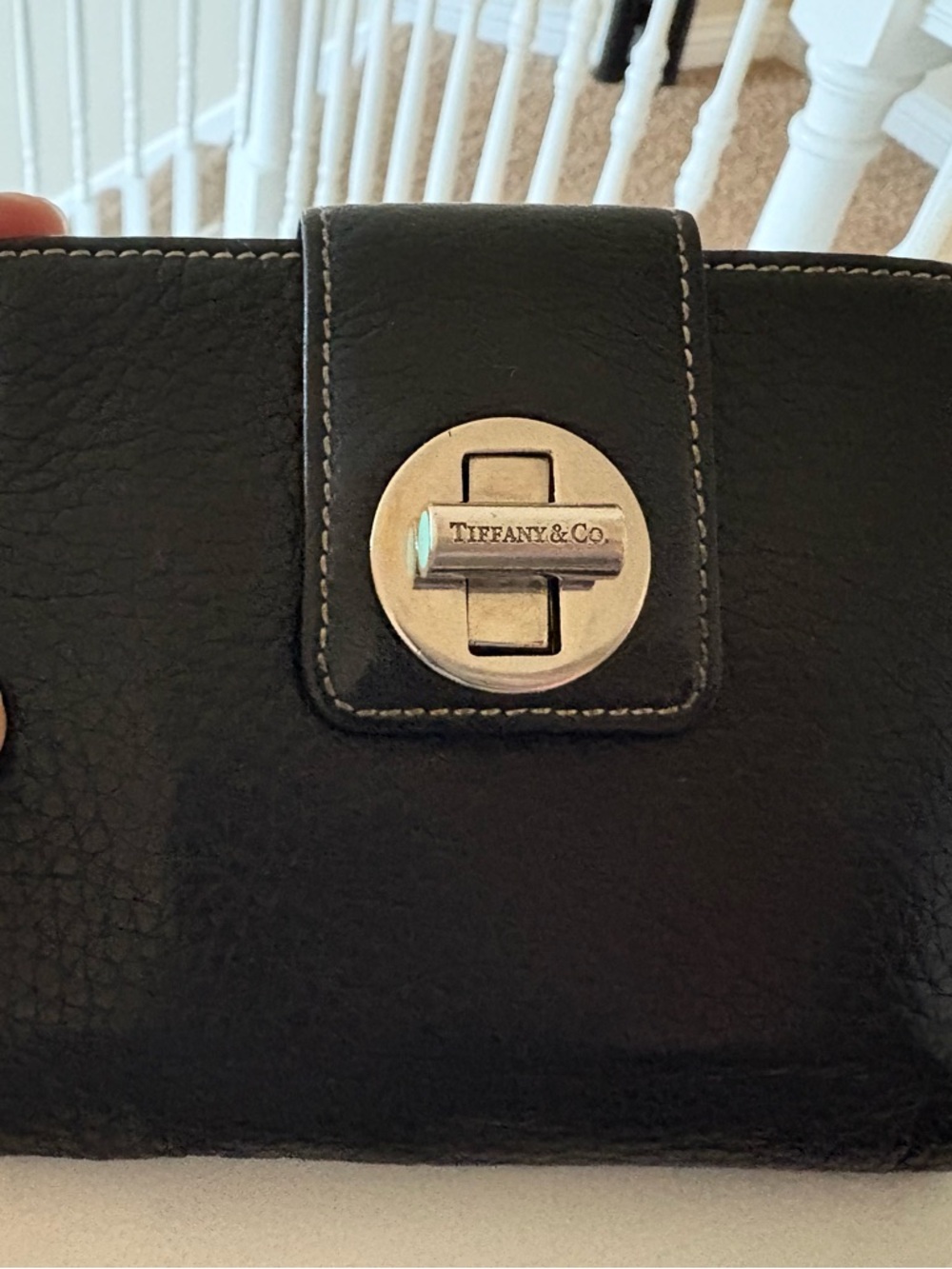 Tiffany & Co. Black Leather Clutch with Silver-Tone Turn Lock